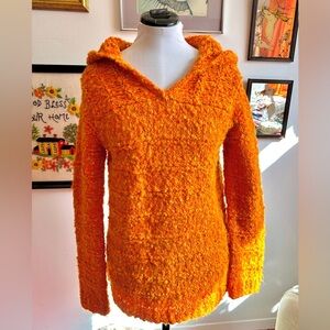 Vintage 70s Orange Bouclé Knit Hoodie Sweater M Medieval Revival Cottagecore